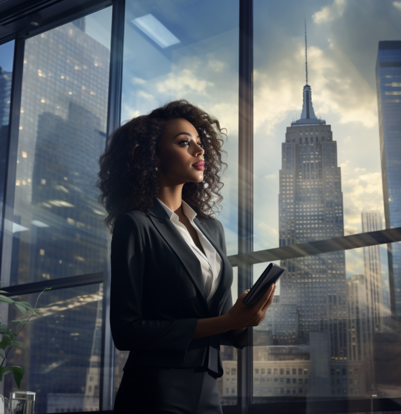 A female executive in a high-rise city office in front of a large window