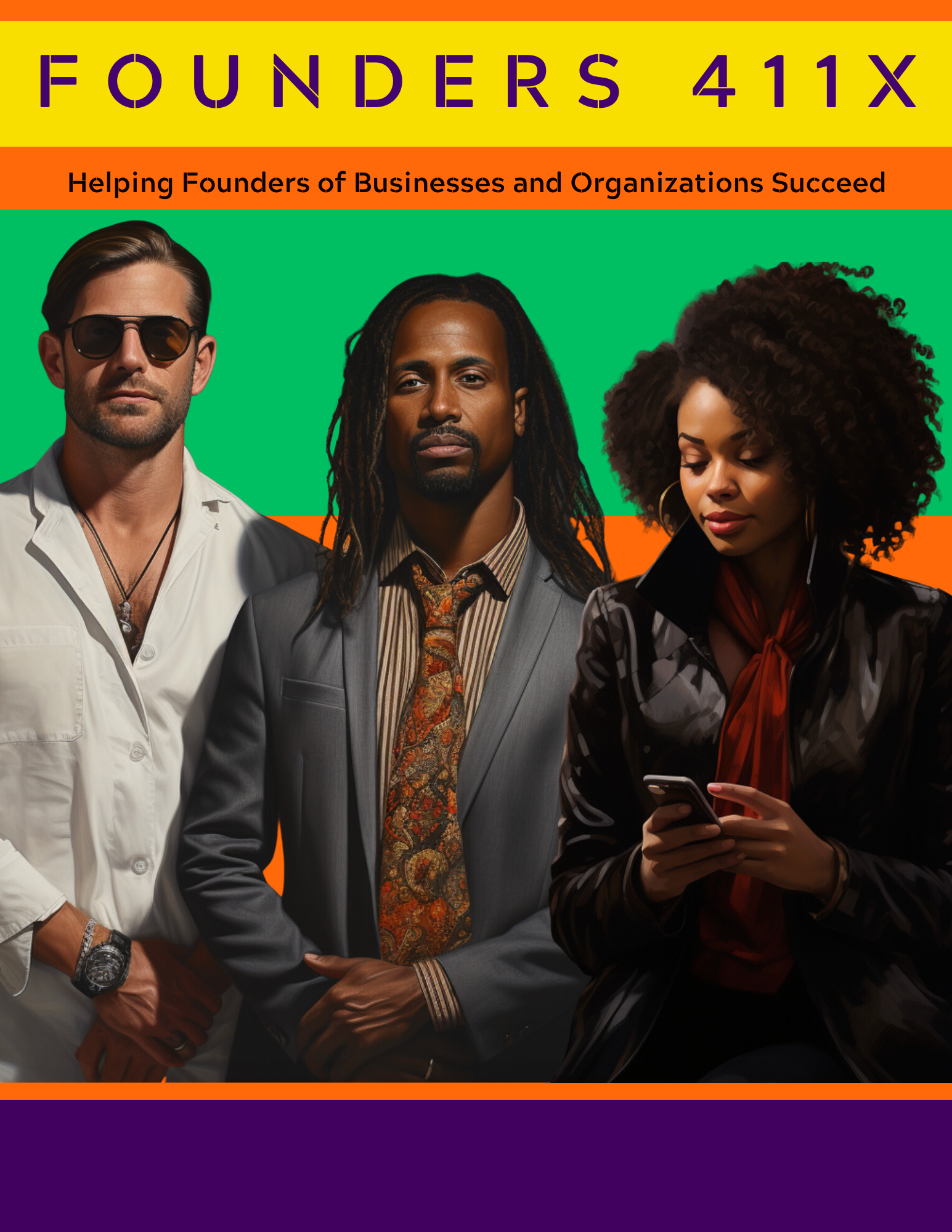 Image of two men and a woman who are business or organization owners. Text says Founders 411X: Helping Founders of Businesses and Organizations Succeed.