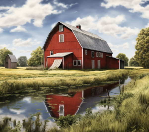 Red barn near a pond