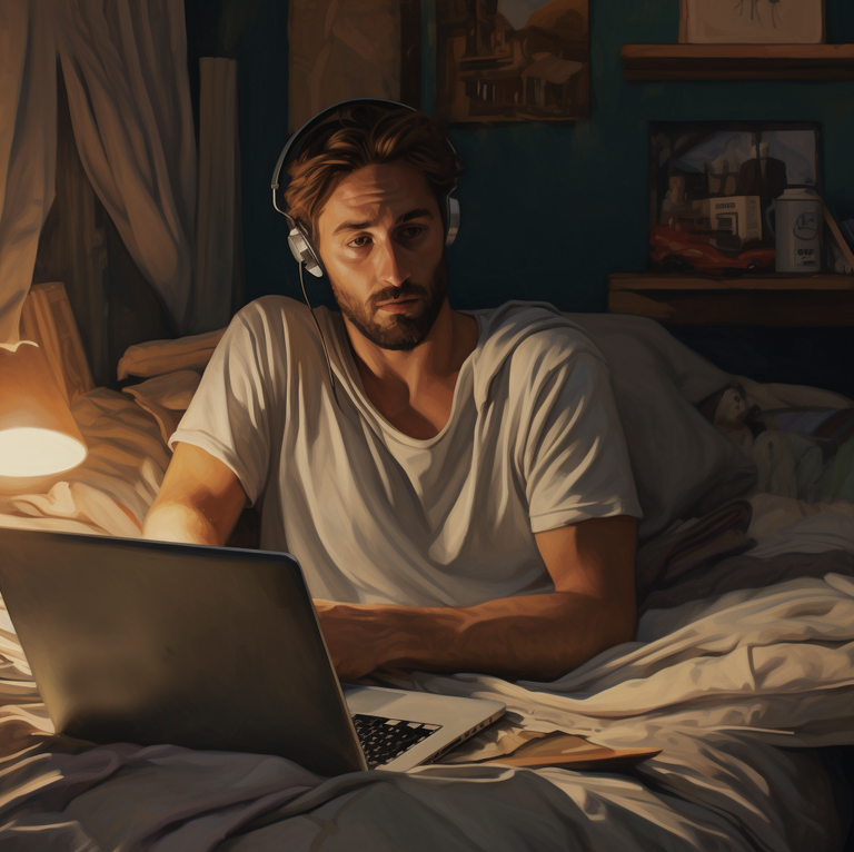 A man working on a laptop in bed