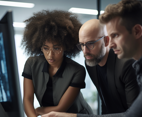 Three people looking at the same computer monitor. Image made using Midjourney.