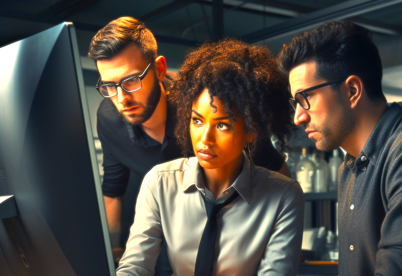 Three members of a communications team looking at a single computer screen. Image produced using Midjourney.