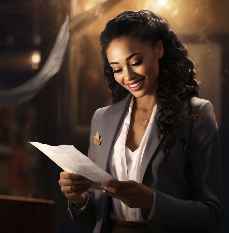 A smiling woman looking at a letter saying that she has received a grant. Image produced using Midjourney