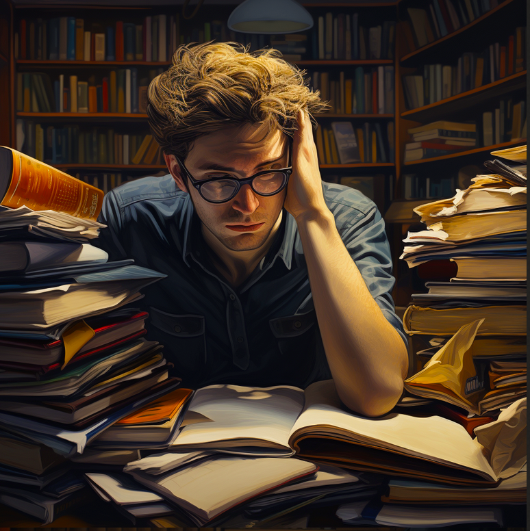 Image of a stressed student surrounded by stacks of papers. Image produced using Midjourney