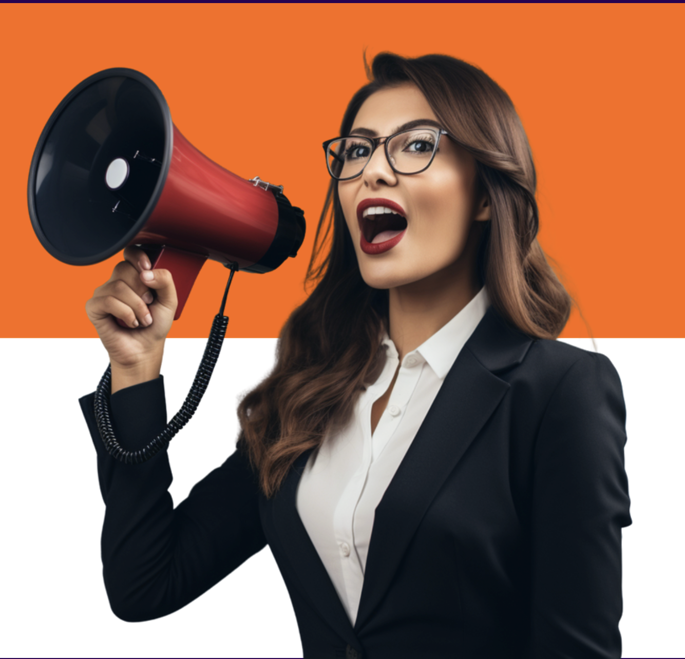 Businesswoman shouting into a bullhorn. Image produced using Midjourney